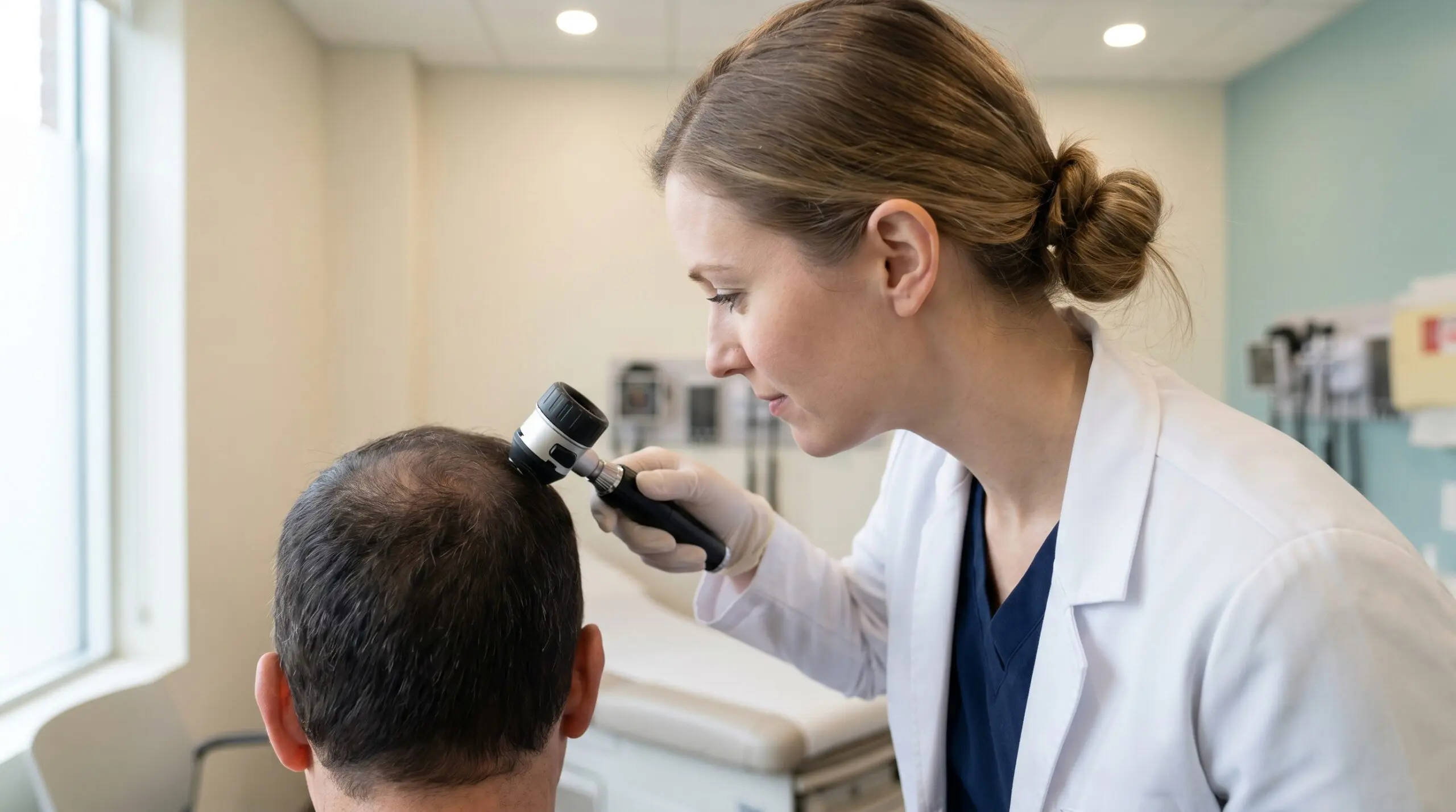 A dermatologist uses a handheld dermatoscope to examine a patient scalp during a hair-loss consultation in a Canadian clinic.