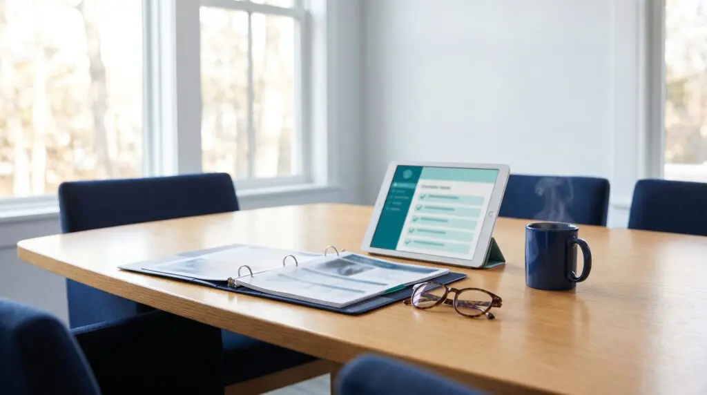 Clinical protocol binder, reading glasses, and tablet on a wood desk in a Canadian healthcare administrative office