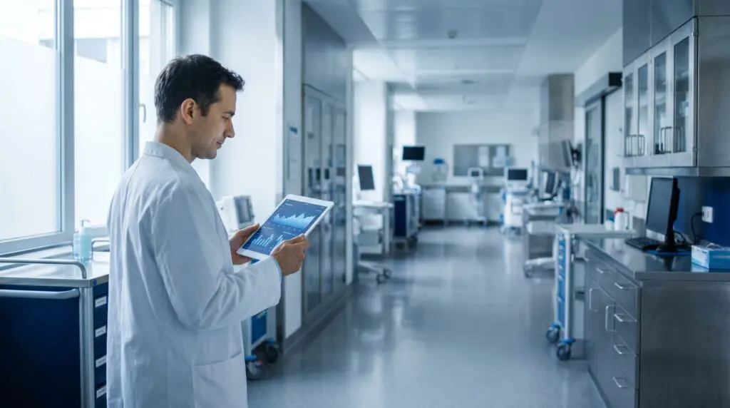 Clinical researcher reviewing hyperbaric medicine evidence in hospital corridor
