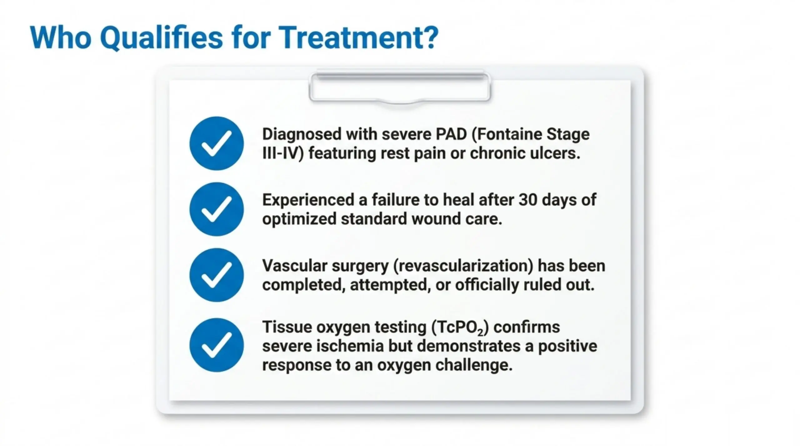 Checklist of HBOT candidacy criteria for peripheral arterial disease: Fontaine stage III to IV with rest pain or chronic ulcers, failure to heal after 30 days of standard care, revascularisation addressed, and TcPO2 confirming ischaemia with a positive oxygen response