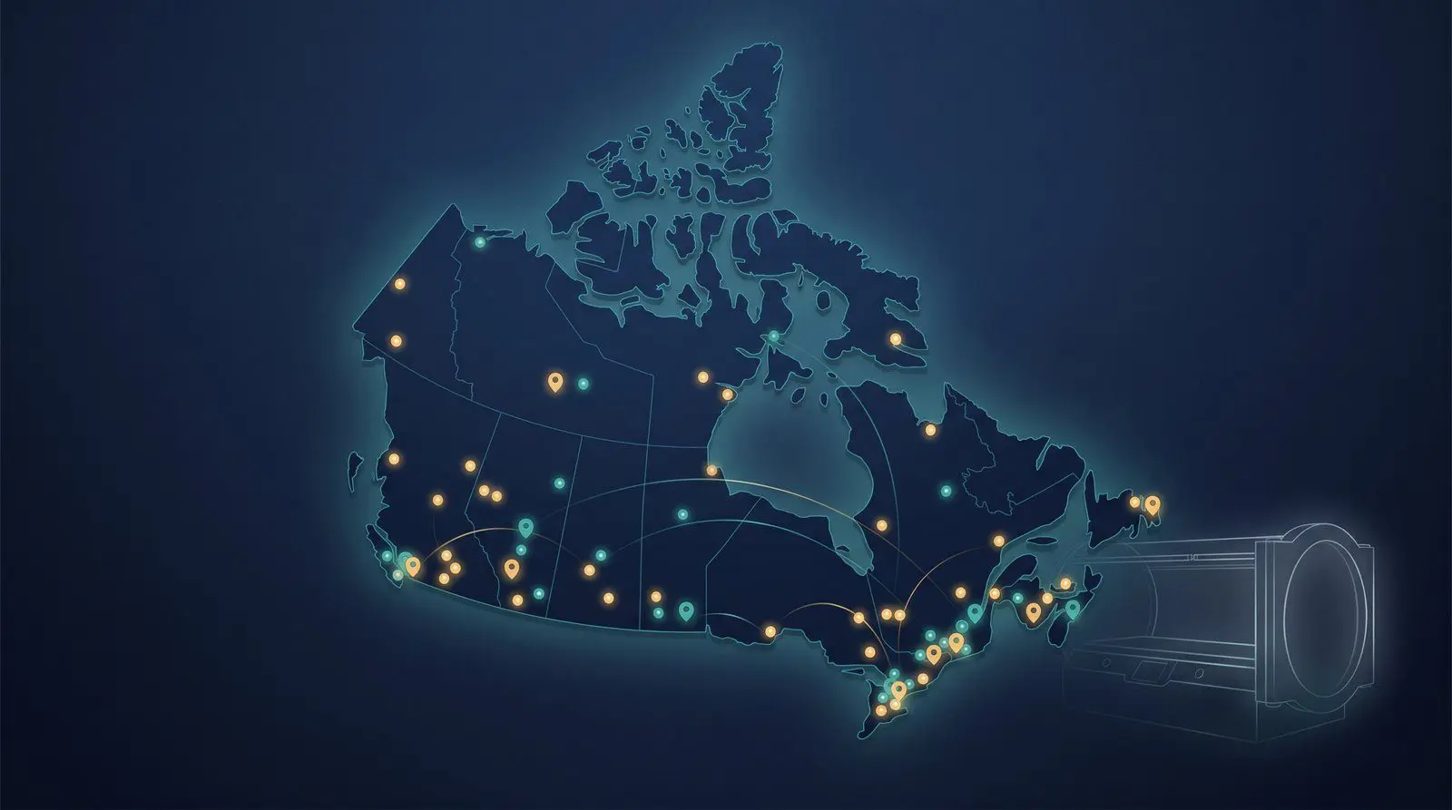 Stylised map of Canada showing hyperbaric oxygen therapy facility locations across the provinces