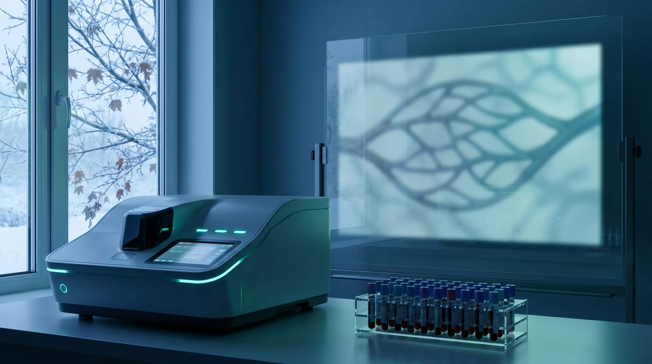Canadian medical research laboratory at dawn with flow cytometer and blood sample vials
