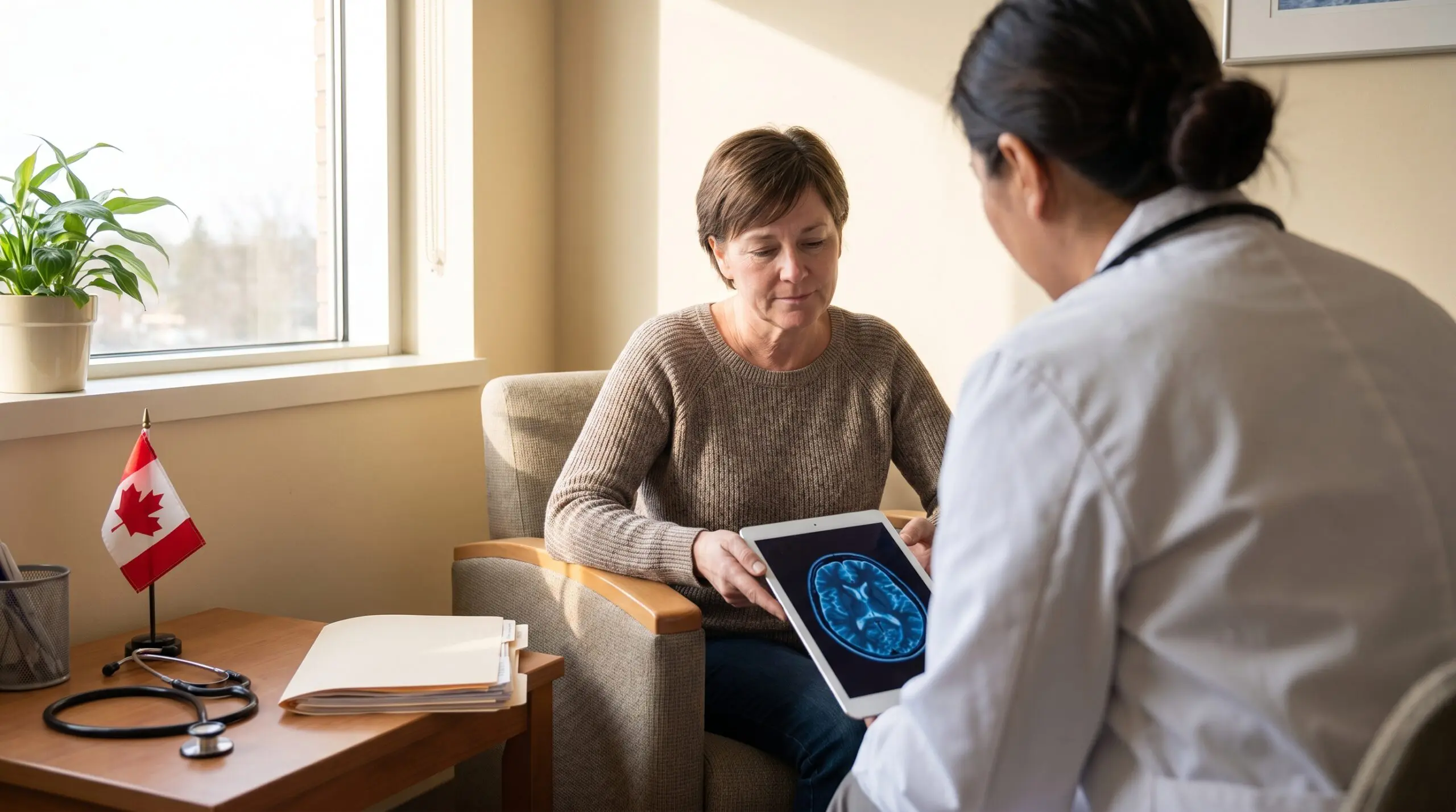 An adult patient in a Canadian hospital consultation room reviewing brain imaging on a tablet with a healthcare provider, illustrating discussion of HBOT for traumatic brain injury