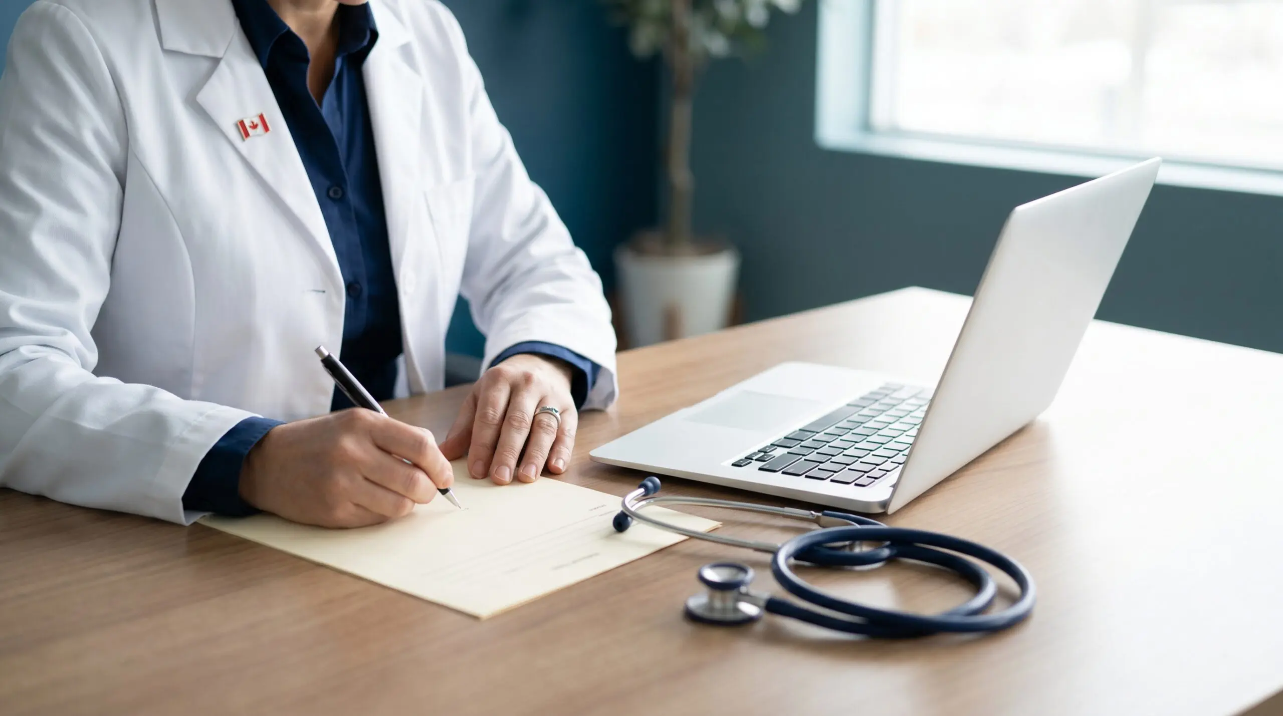 Canadian physician writing an HBOT referral note on a clean clinic desk beside a laptop and stethoscope