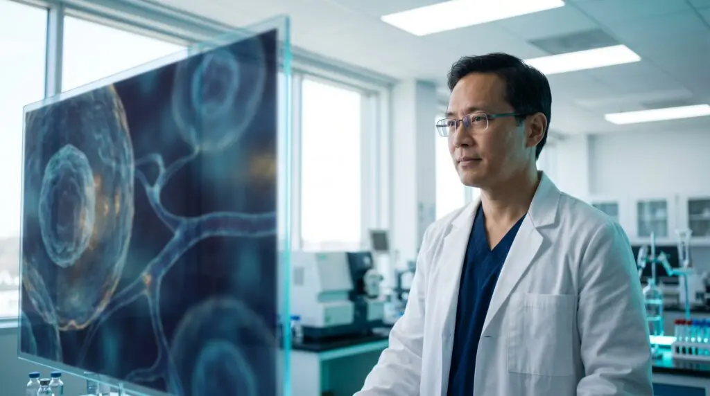 Researcher studying tissue-healing imagery related to hyperbaric oxygen therapy for burns