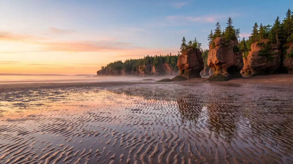 Hopewell Rocks on the Bay of Fundy coastline in New Brunswick at sunrise, representing hyperbaric oxygen therapy access across the province