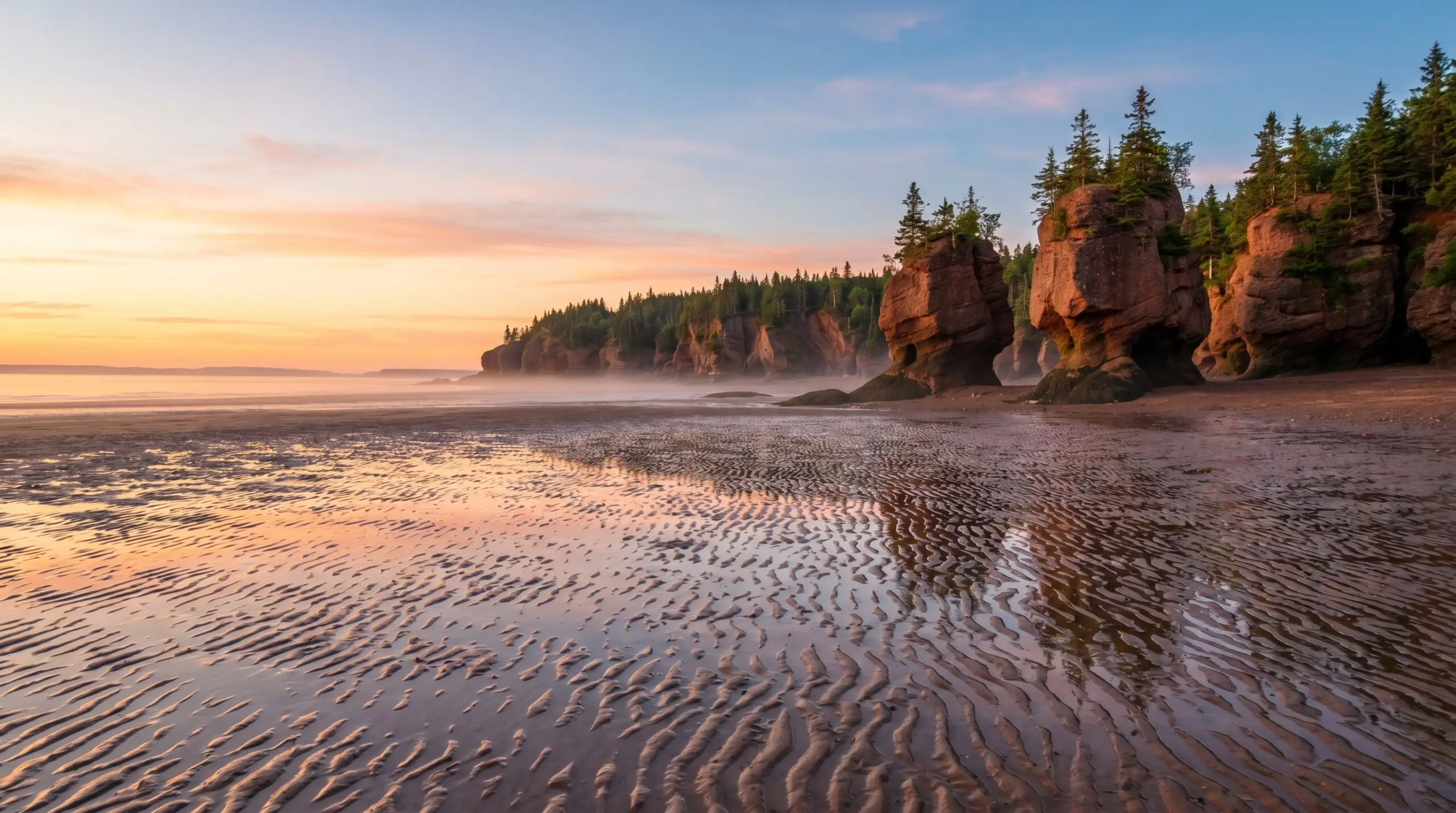 Hopewell Rocks on the Bay of Fundy coastline in New Brunswick at sunrise, representing hyperbaric oxygen therapy access across the province