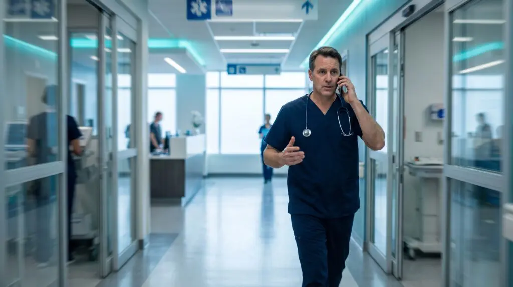 Emergency physician hurrying through a Canadian hospital corridor while arranging an urgent hyperbaric referral by phone