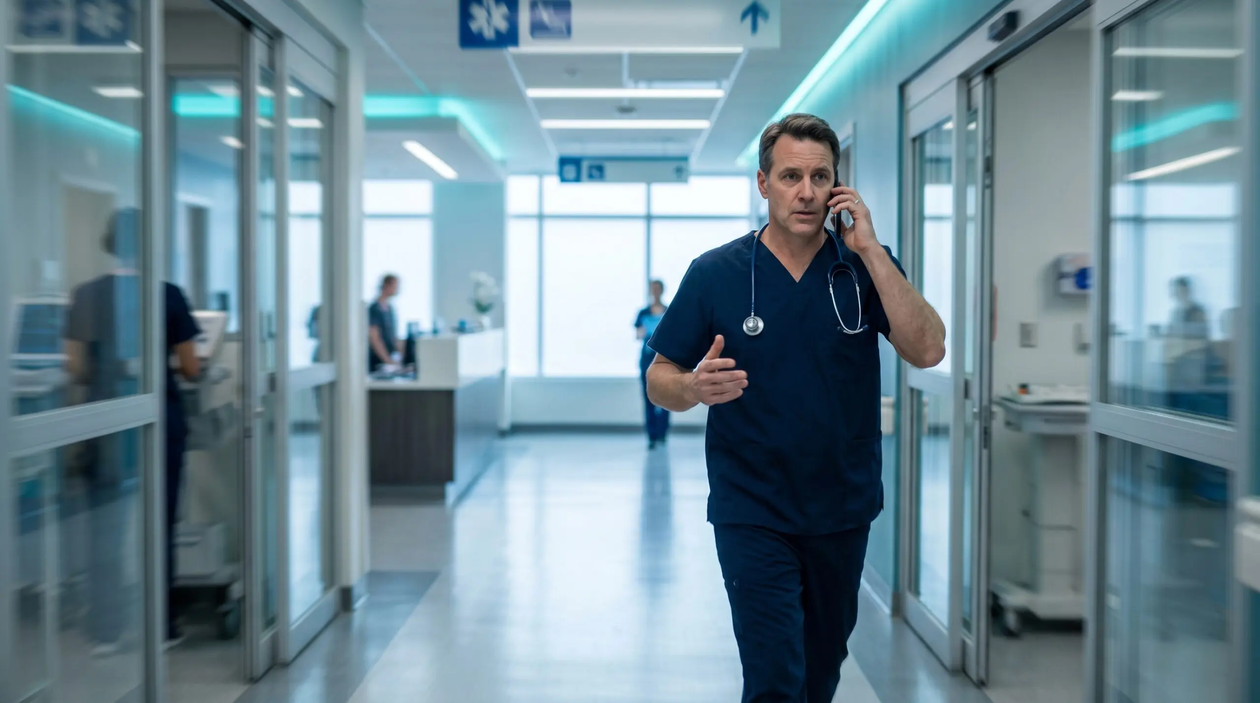 Emergency physician hurrying through a Canadian hospital corridor while arranging an urgent hyperbaric referral by phone