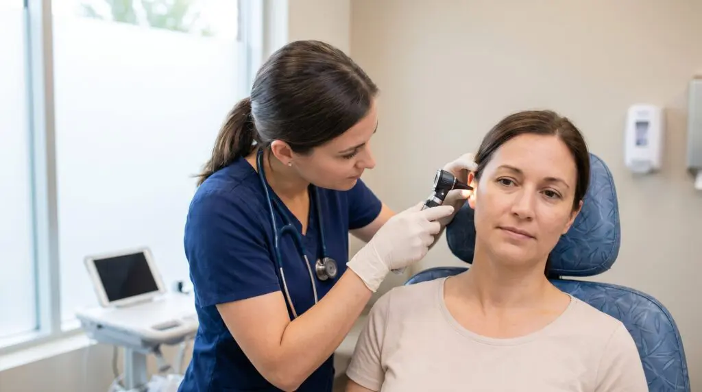 Healthcare professional examining a patient's ear with an otoscope in a Canadian medical clinic