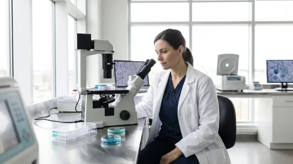 Medical researcher examining cell-culture samples under a microscope in a modern Canadian laboratory studying wound healing