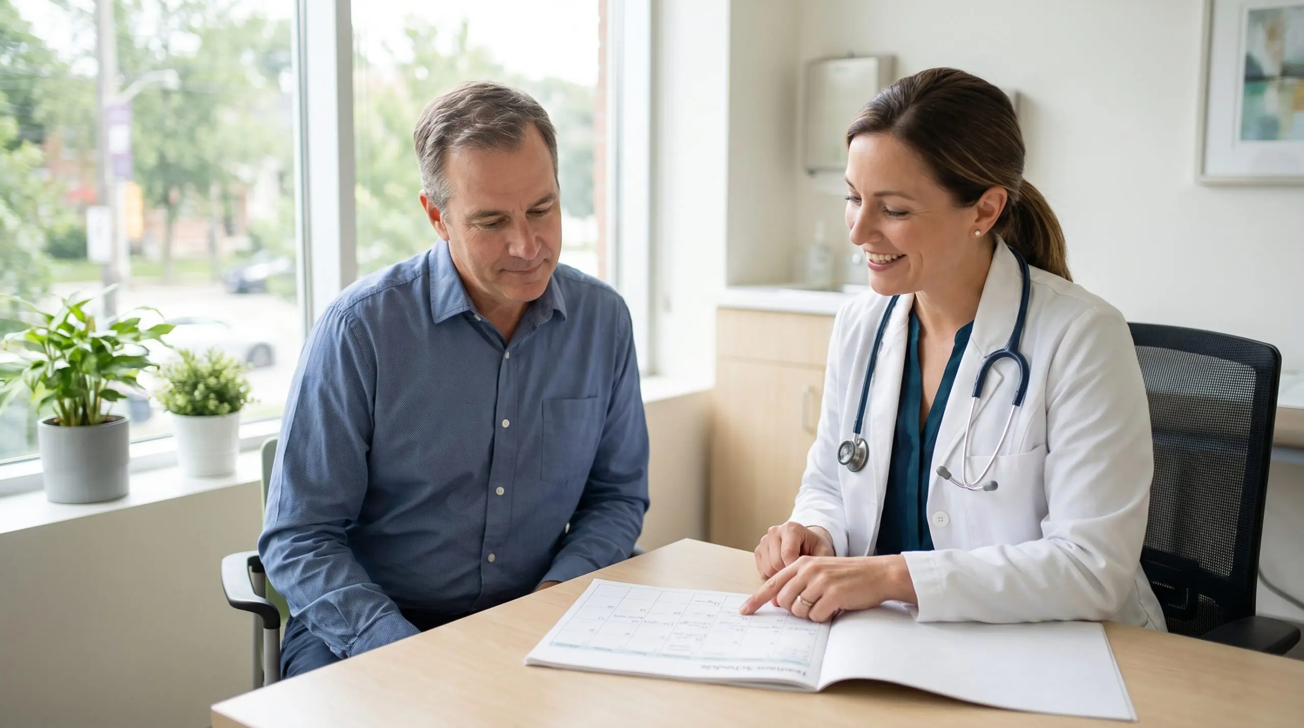 Canadian doctor and patient reviewing a hyperbaric oxygen therapy treatment schedule in a clinic office