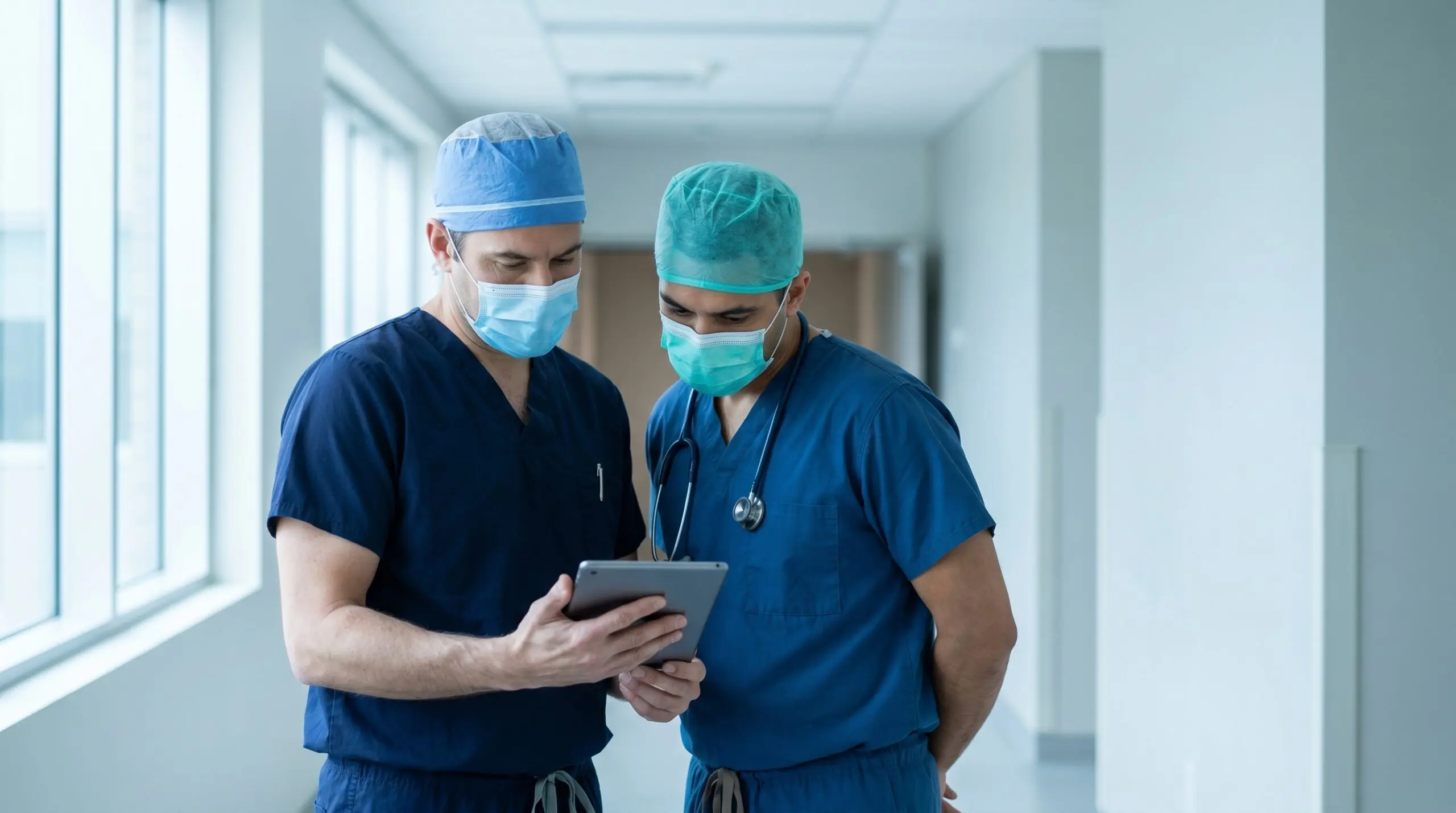Two Canadian physicians in surgical scrubs reviewing a hyperbaric oxygen therapy referral for Fournier's gangrene on a tablet