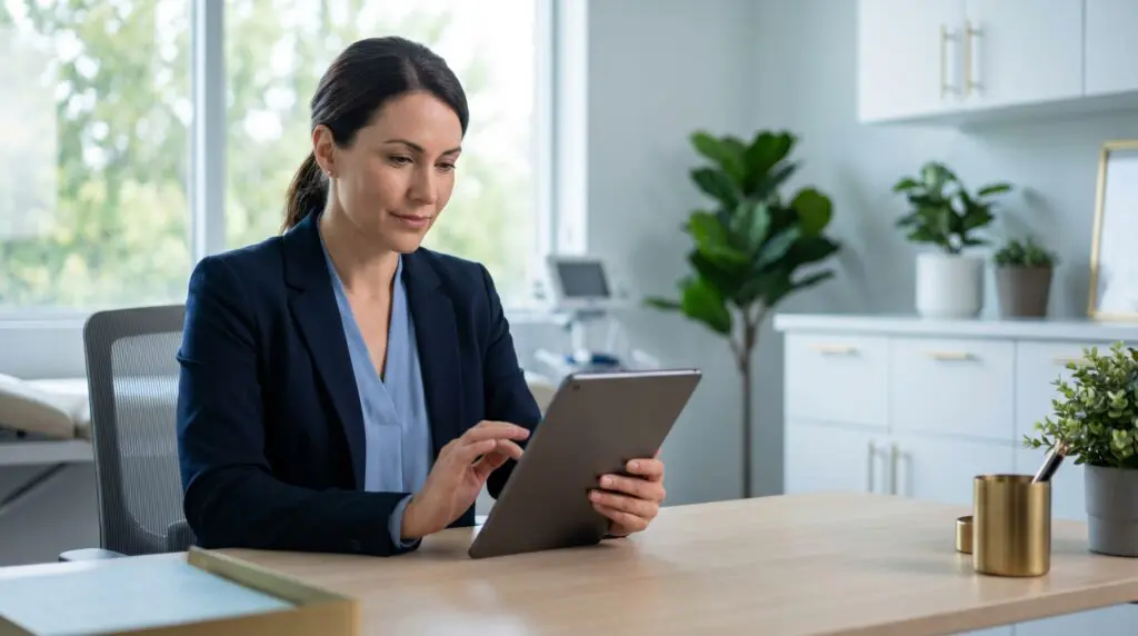 Canadian clinic administrator reviewing medical equipment and compliance documents on a tablet in a bright clinic office