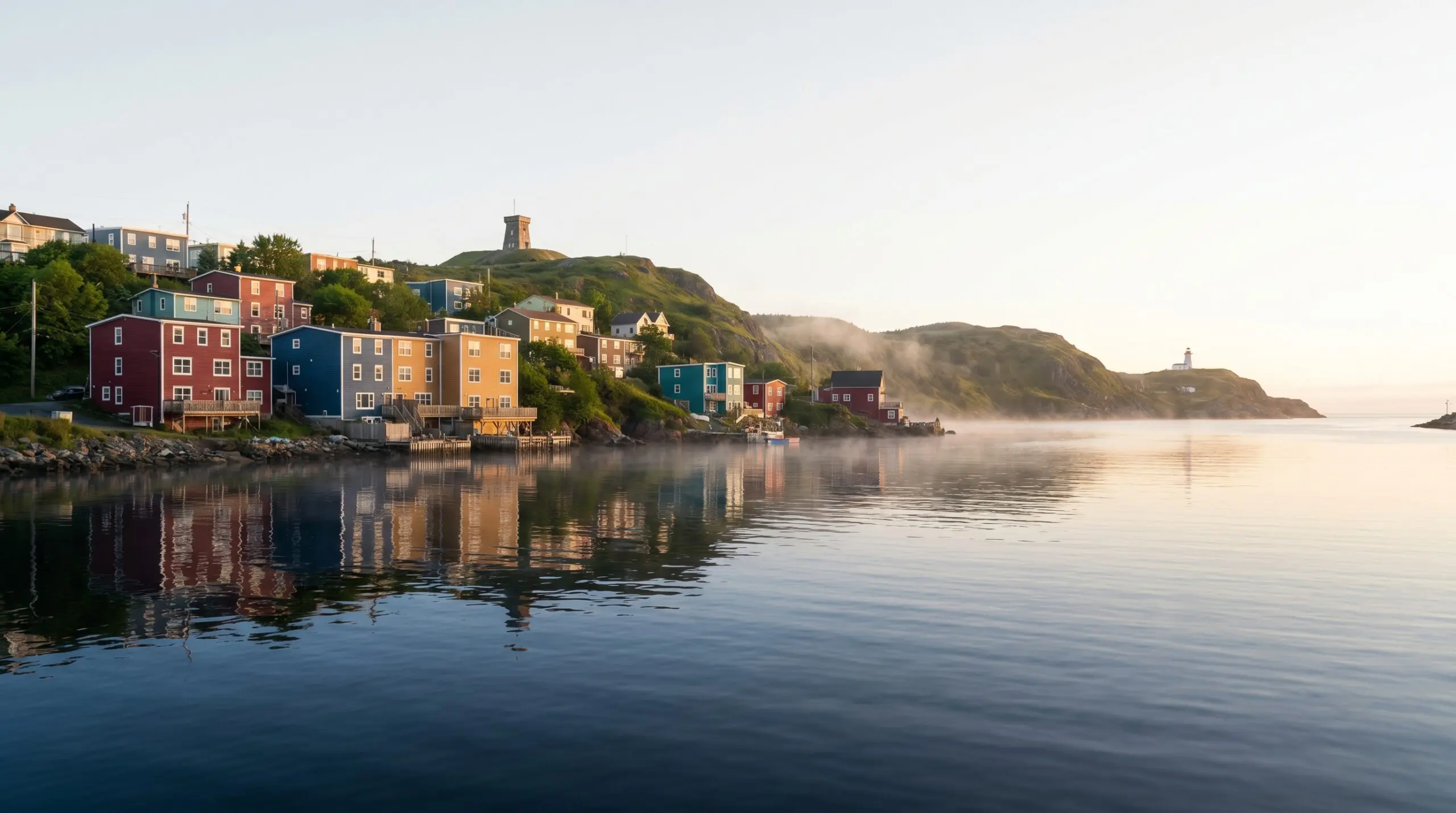 Colourful harbourfront row houses and a hilltop signal tower in St. John's, Newfoundland and Labrador at sunrise