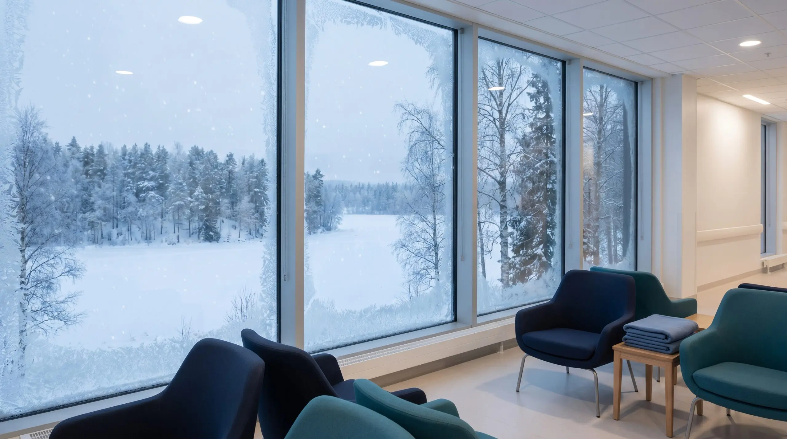 Snowy Canadian boreal landscape and frozen lake seen through a clinical window in a calm hospital waiting area