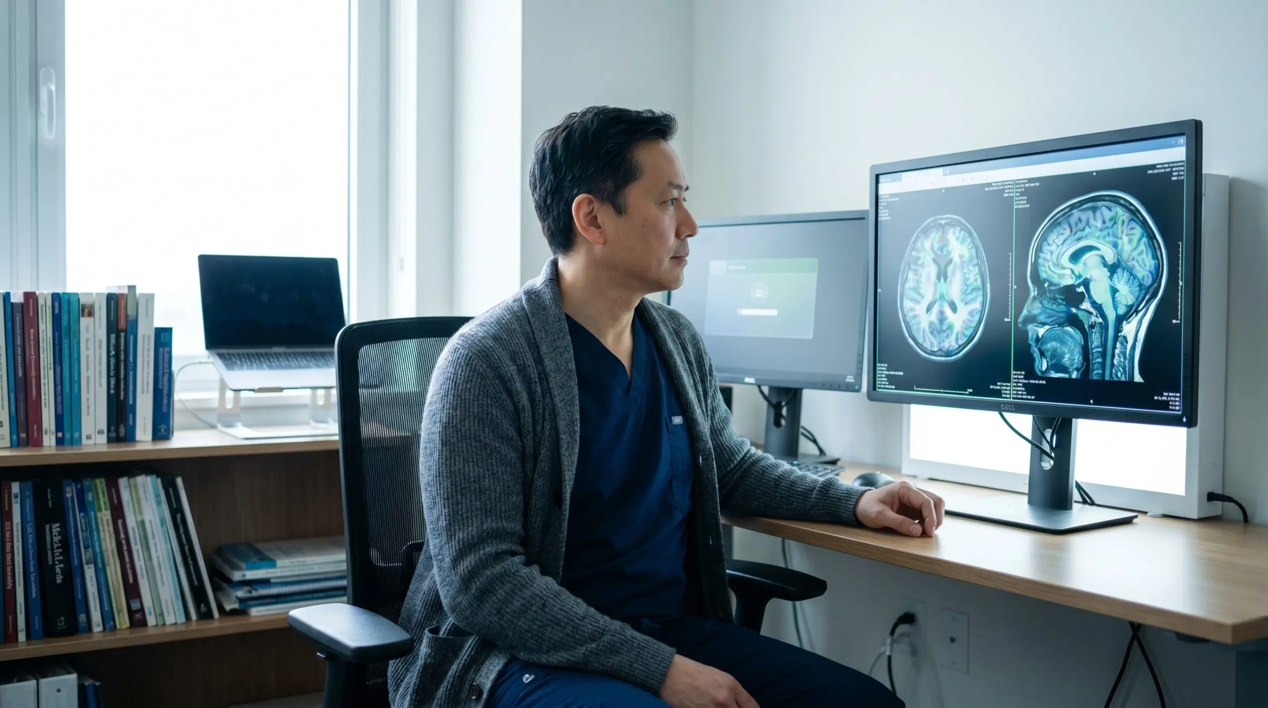 Researcher studying brain scans while evaluating hyperbaric oxygen therapy evidence for migraine and cluster headache in Canada