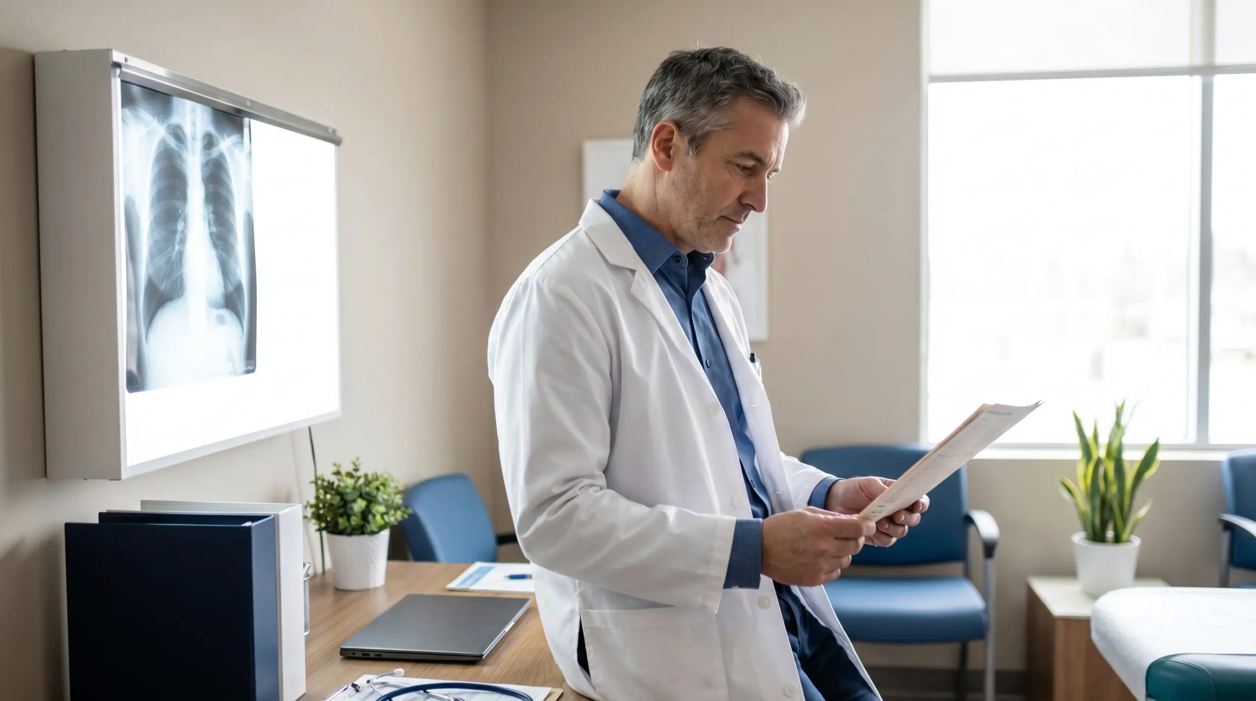 Canadian physician in a white coat reviewing a patient chart and a chest X-ray, screening for hyperbaric oxygen therapy contraindications