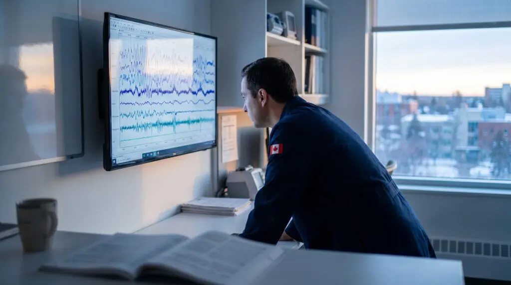 Canadian sleep medicine researcher reviewing polysomnography data in an academic sleep laboratory at pre-dawn