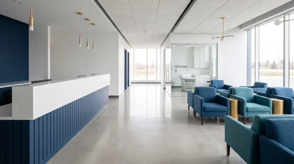 Bright modern Canadian medical clinic reception and waiting area being prepared to open