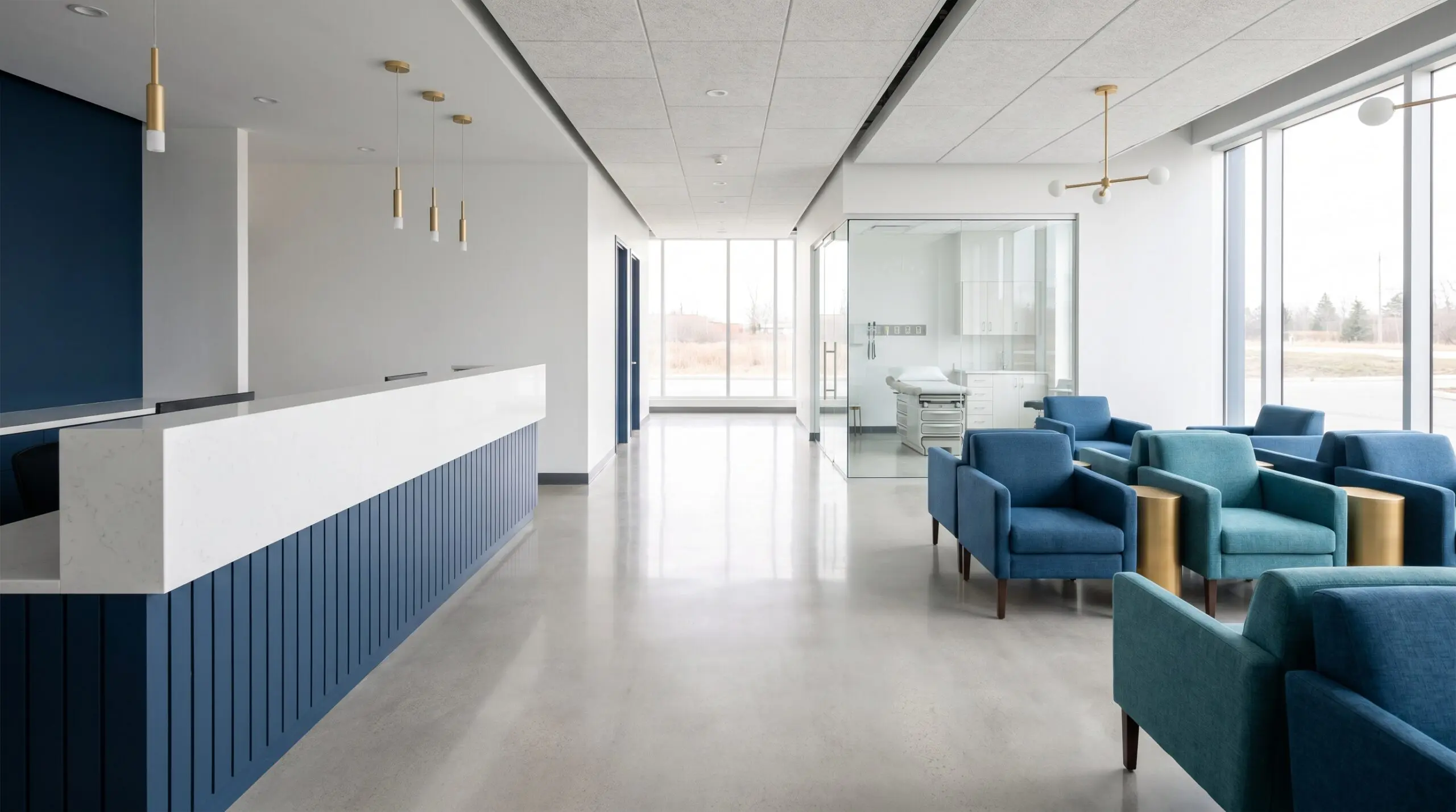 Bright modern Canadian medical clinic reception and waiting area being prepared to open