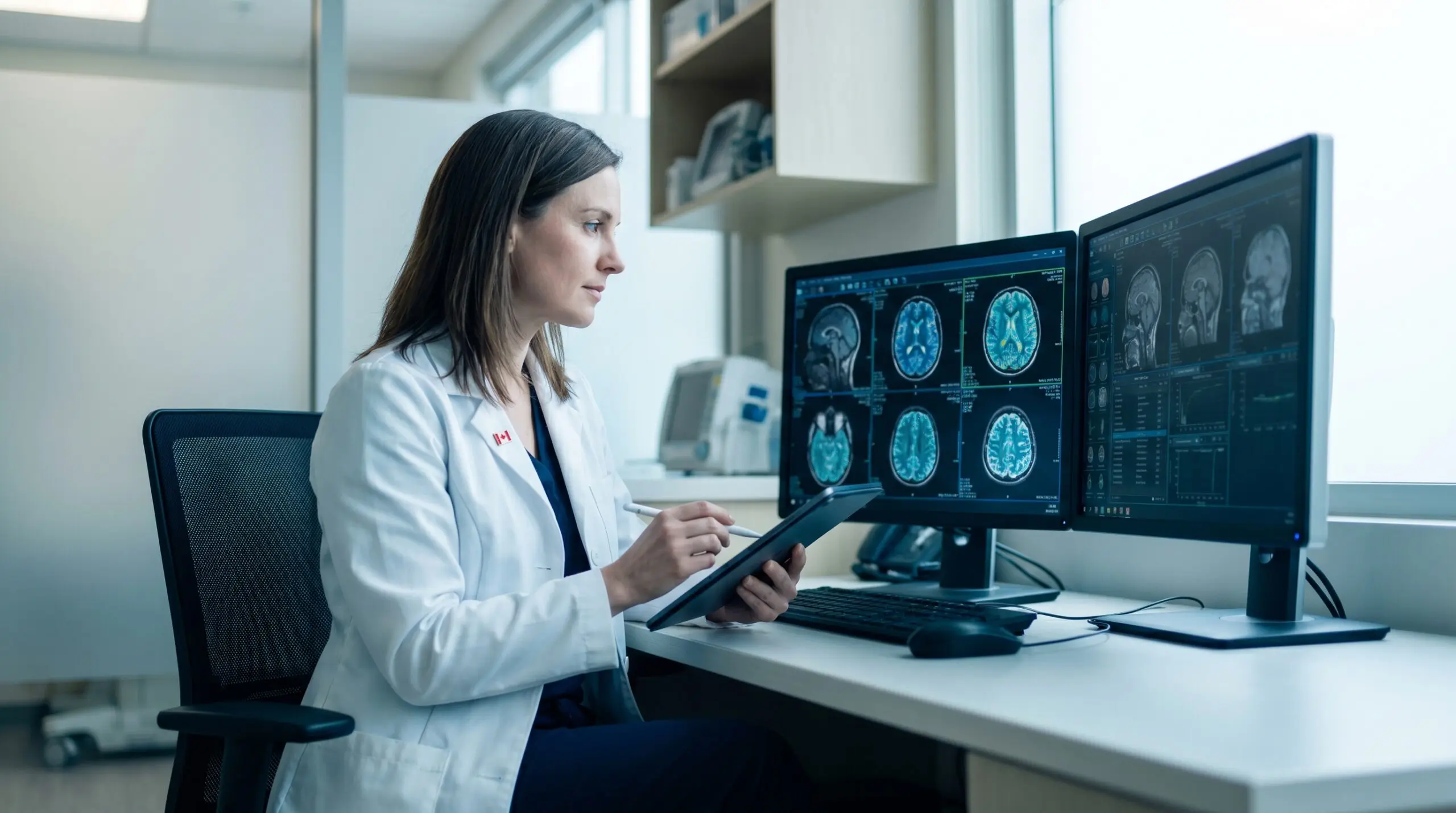 Medical researcher reviewing paediatric brain neuroimaging to evaluate hyperbaric oxygen therapy evidence for cerebral palsy