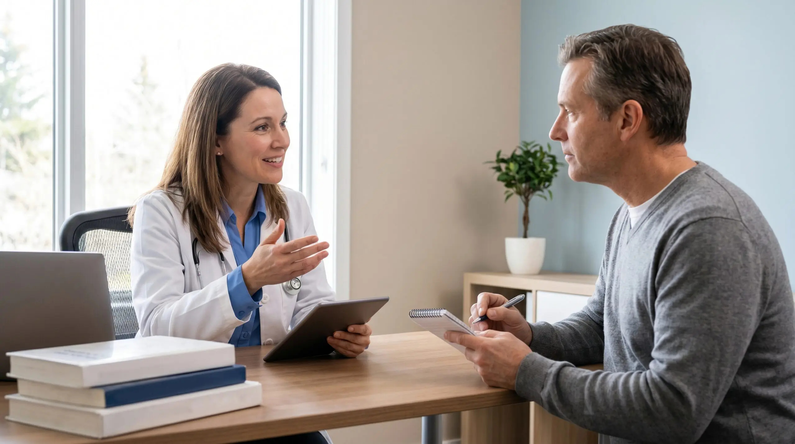 A Canadian family doctor explaining hyperbaric oxygen therapy options to an attentive patient taking notes in a clinic consultation room