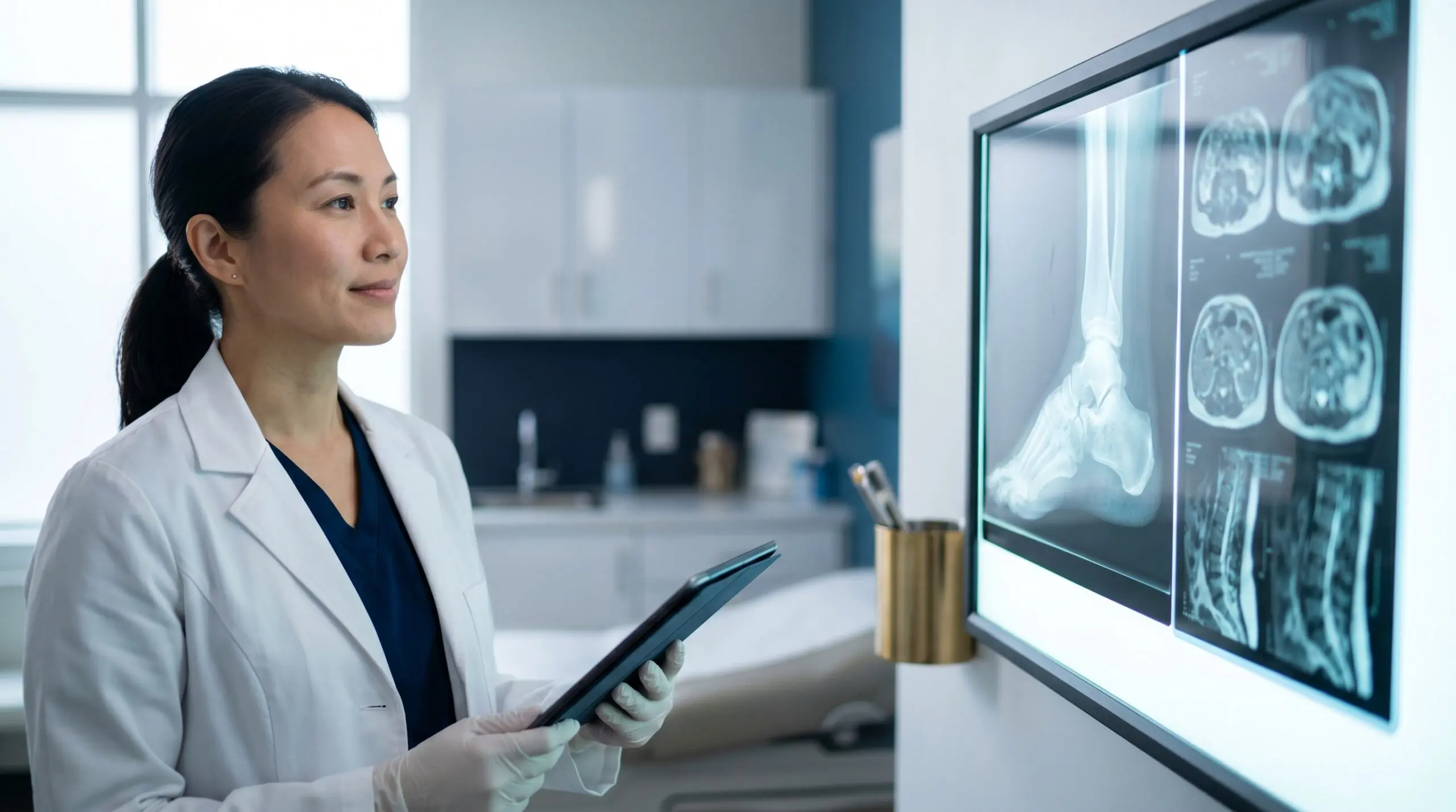 Canadian physician reviewing foot and ankle radiographs while considering hyperbaric oxygen therapy for refractory osteomyelitis