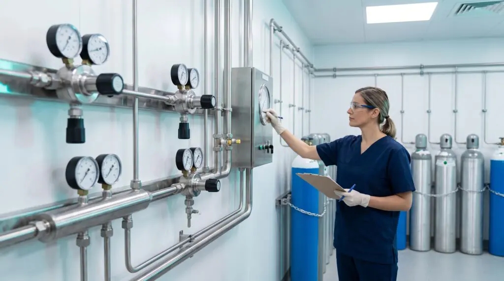 Healthcare technician checking compressed medical gas pressure gauges and manifolds in a clean clinic gas-supply room