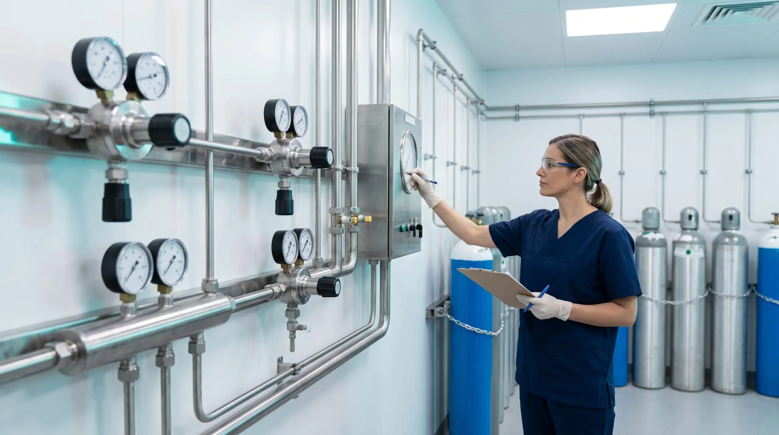 Healthcare technician checking compressed medical gas pressure gauges and manifolds in a clean clinic gas-supply room