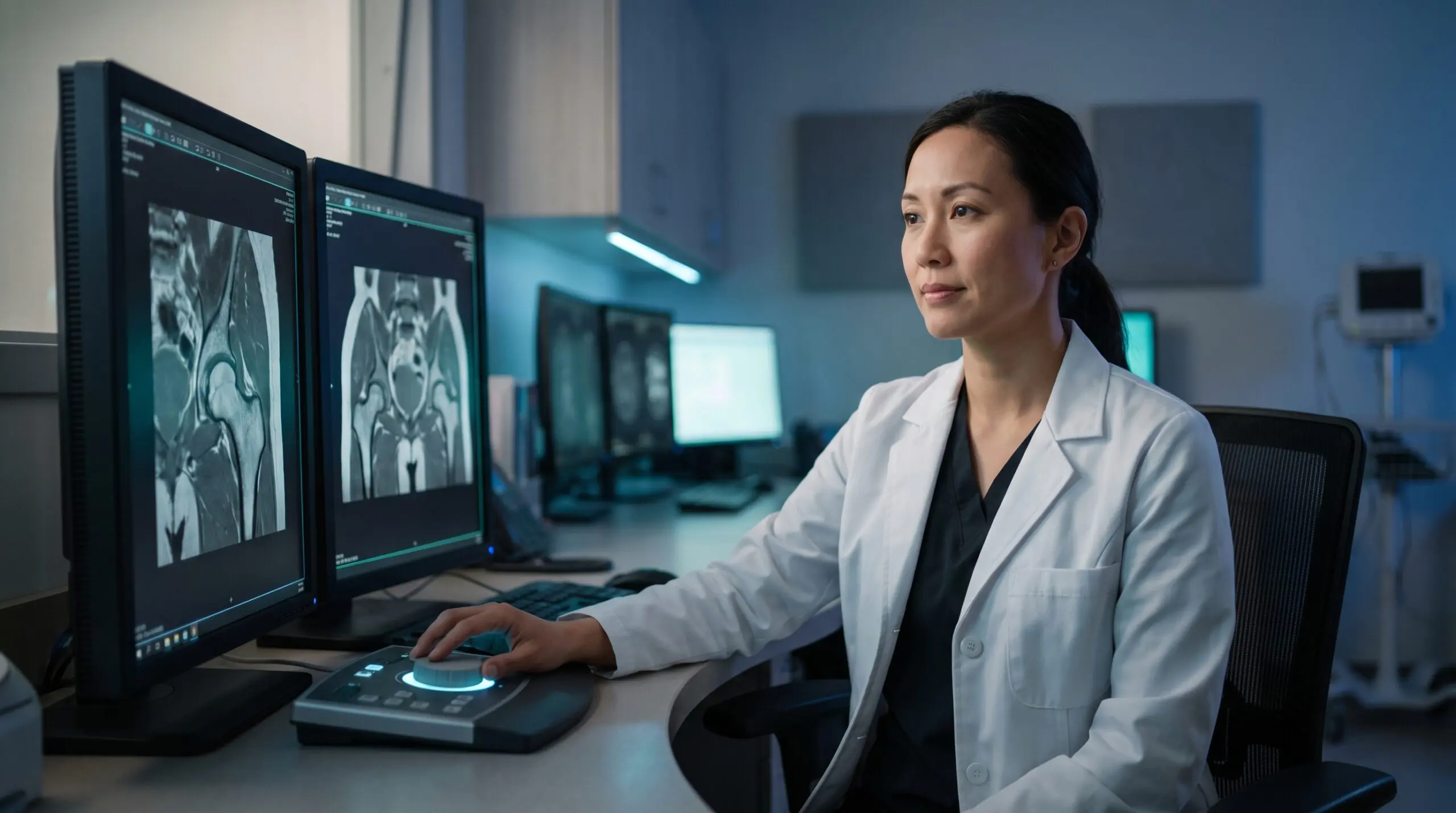 Medical researcher reviewing hip and pelvis MRI scans on diagnostic monitors in a clinical research reading room