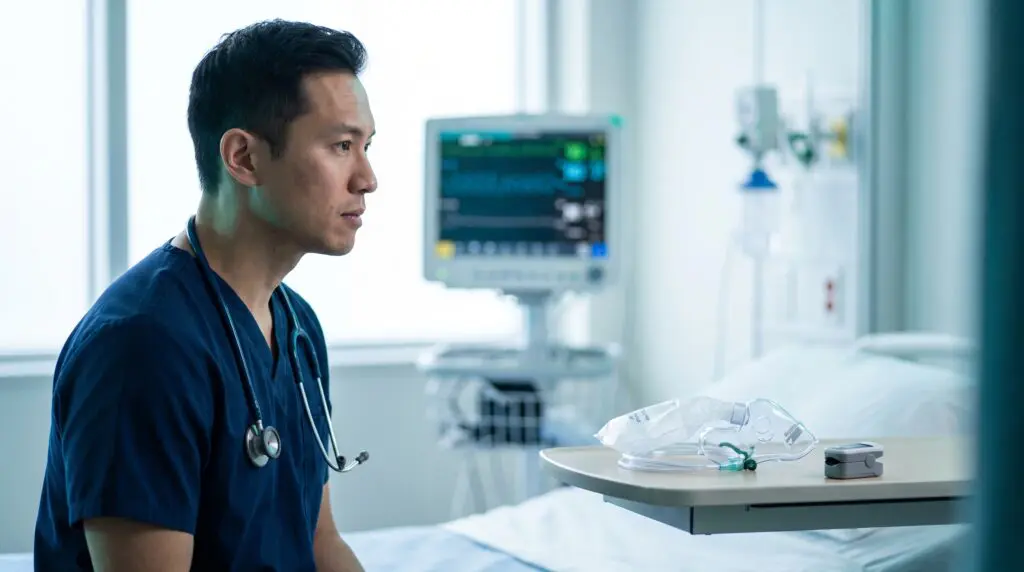 Emergency physician assessing a patient beside an oxygen mask and pulse oximeter at a Canadian hospital bedside