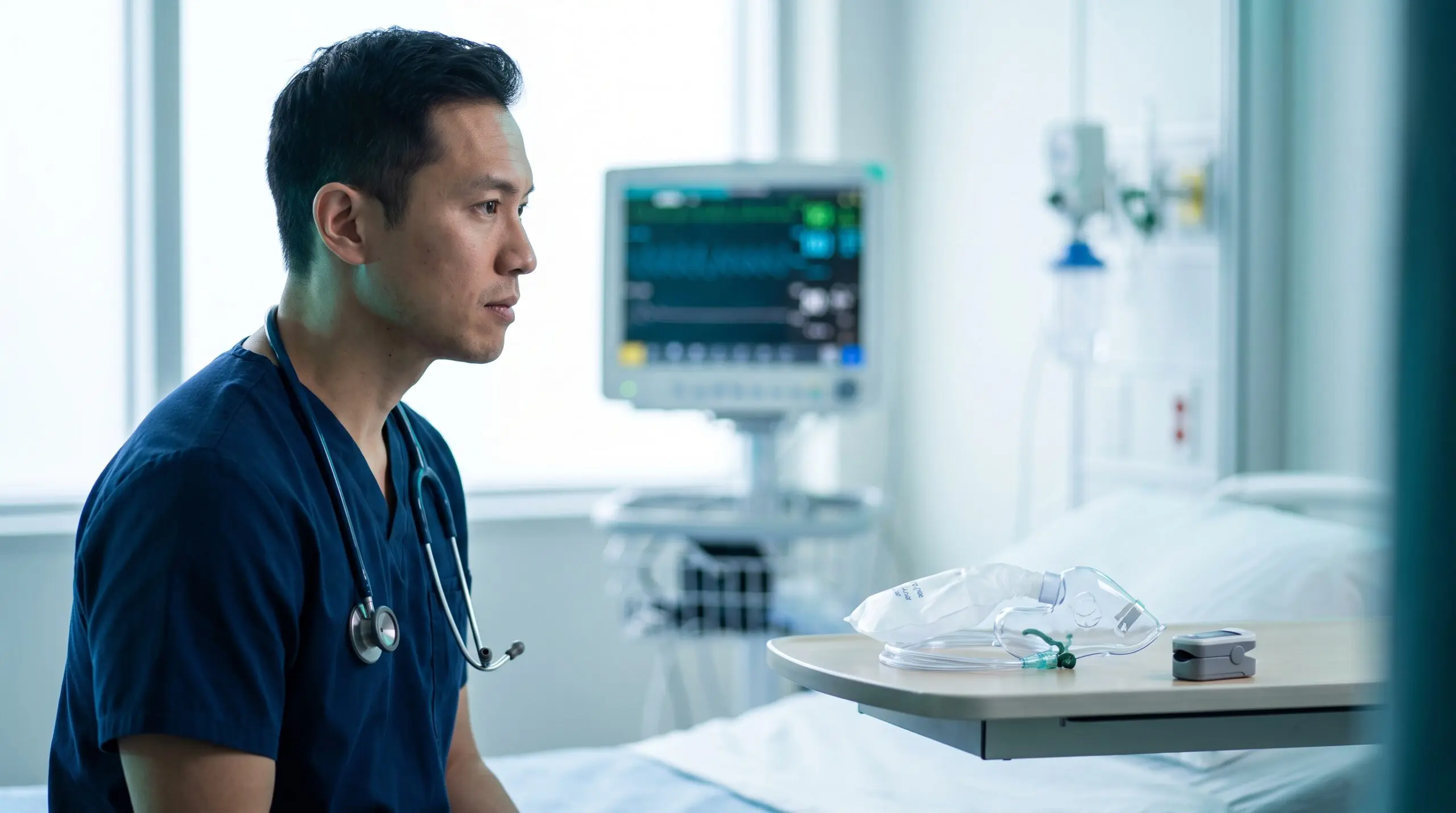 Emergency physician assessing a patient beside an oxygen mask and pulse oximeter at a Canadian hospital bedside