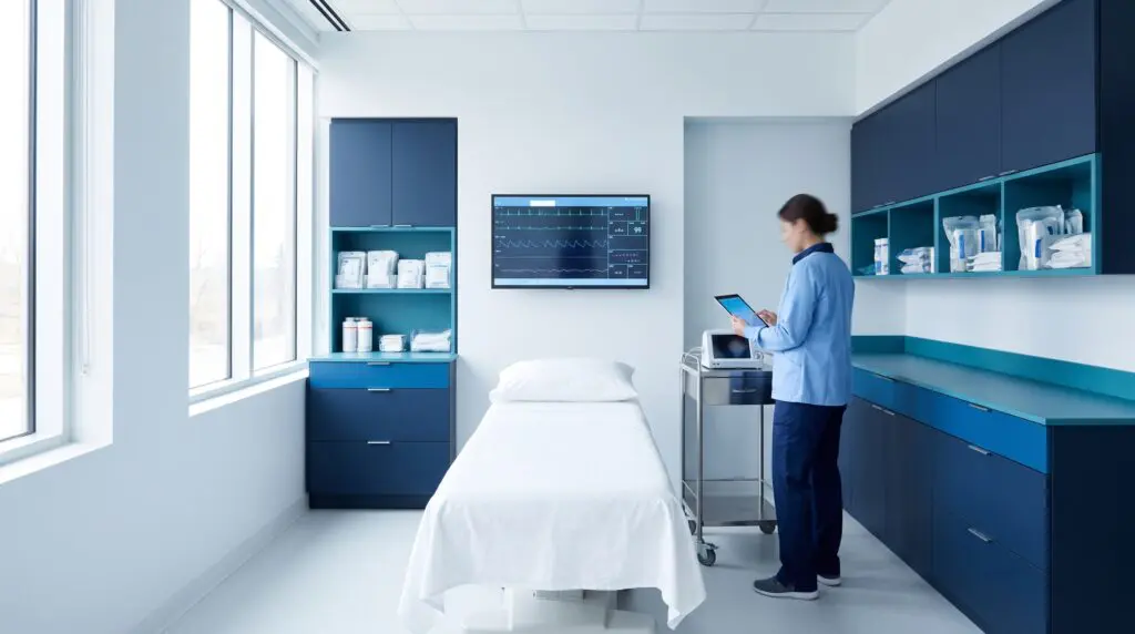 Modern Canadian clinic wound-care assessment room with monitoring equipment and a healthcare professional