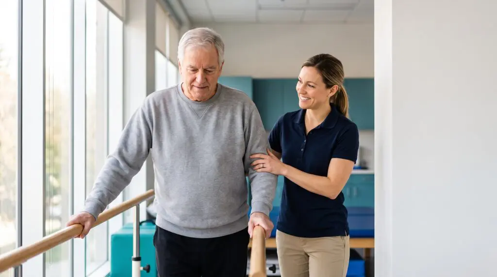 Older stroke survivor doing guided rehabilitation with a physiotherapist in a bright Canadian clinic