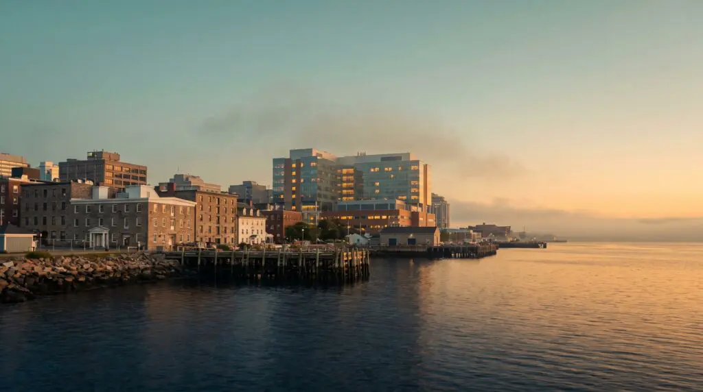 Halifax Nova Scotia waterfront and hospital skyline at golden hour