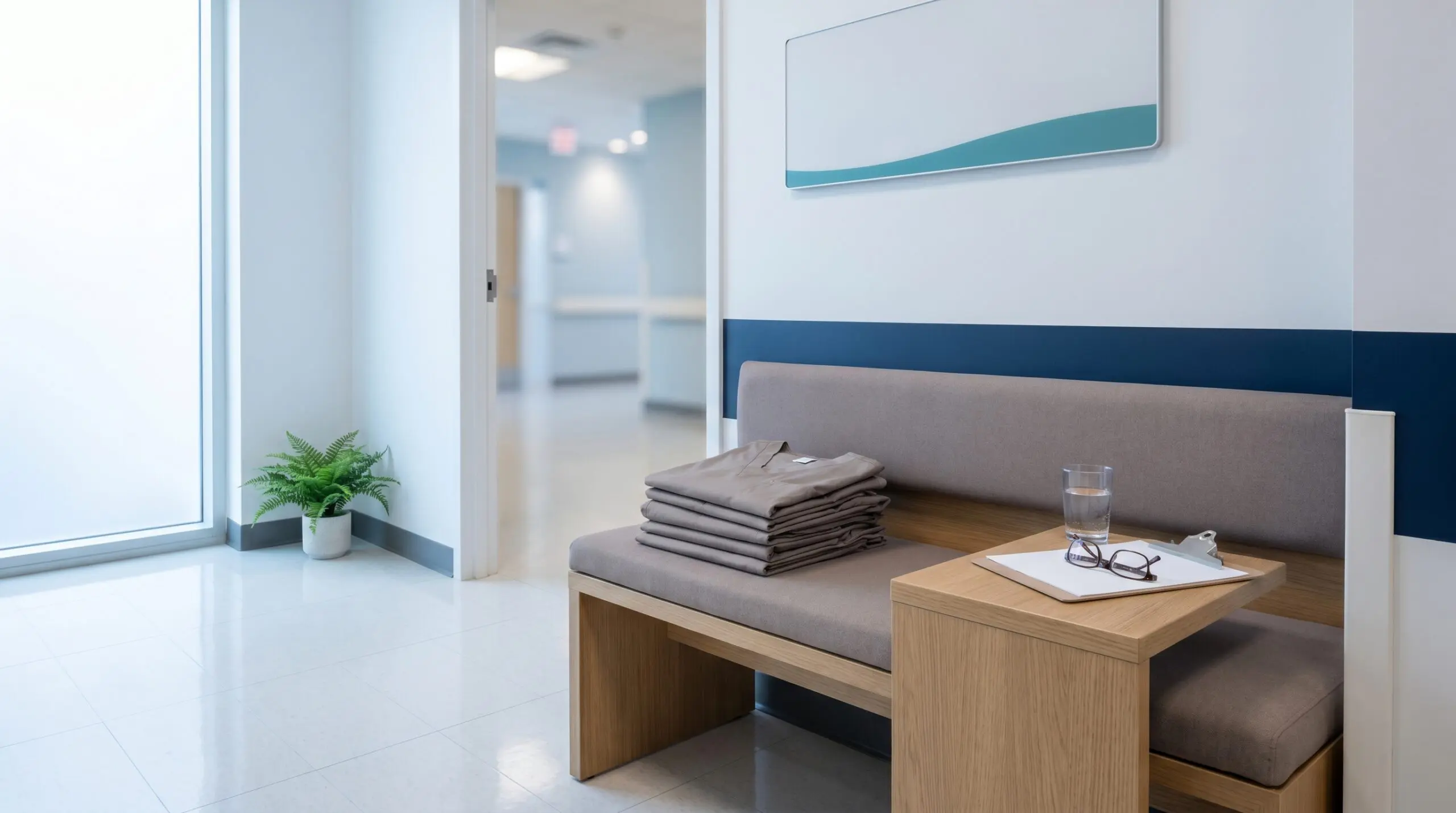 Folded cotton scrubs, water glass, and patient checklist clipboard in a calm Canadian hyperbaric clinic preparation area