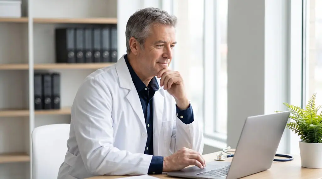Canadian physician at a laptop considering hyperbaric oxygen therapy referral indications in a clinical office
