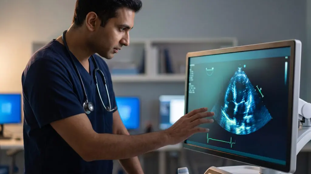 Cardiologist reviewing an echocardiogram while studying hyperbaric oxygen therapy evidence for cardiovascular disease