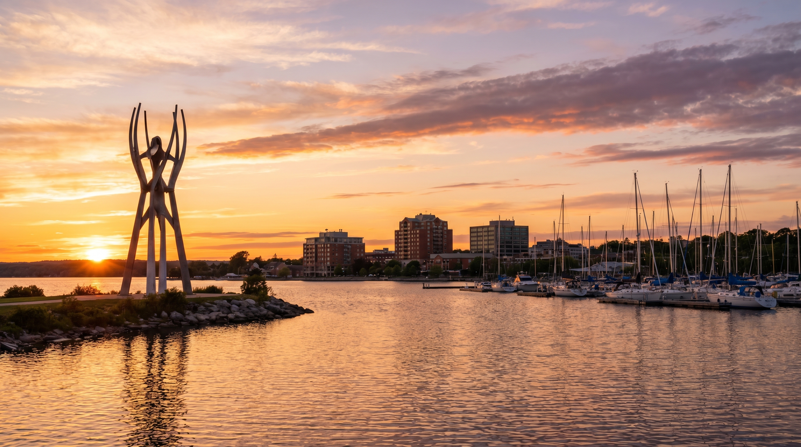Barrie waterfront at sunset with Spirit Catcher sculpture, marina, and Lake Simcoe