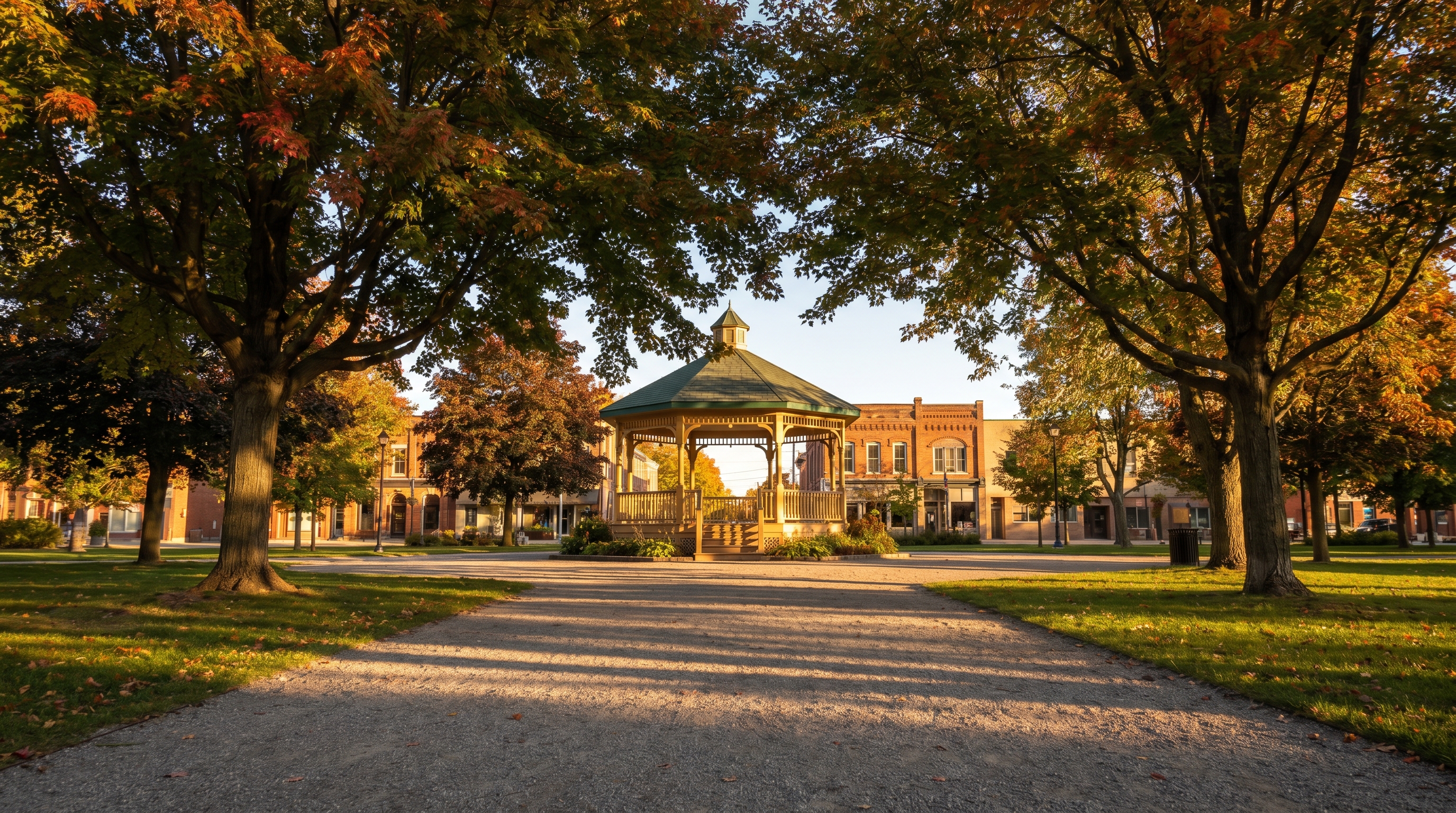 Gage Park in Brampton at golden hour with the historic gazebo and heritage downtown buildings