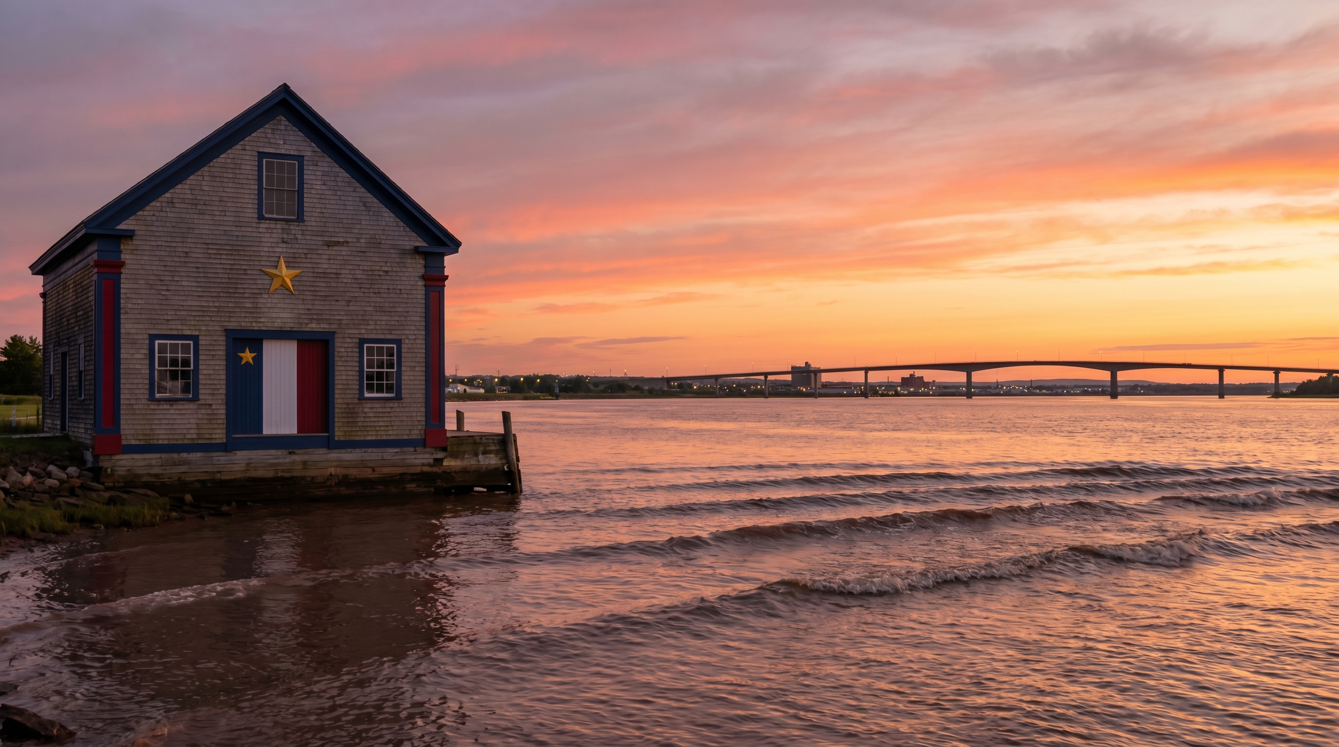 Dieppe riverside at sunset with Acadian heritage elements and the Moncton bridge