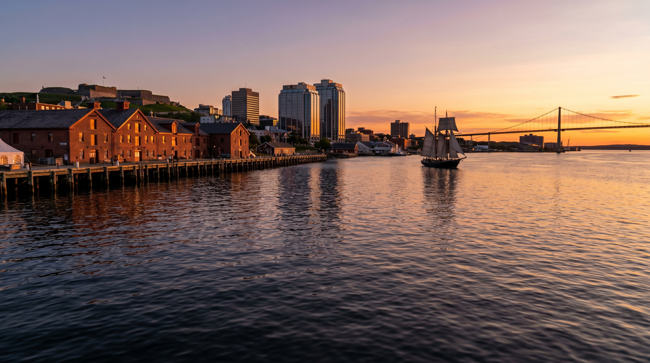 Halifax Harbour at sunset with historic waterfront buildings, downtown skyline, and the Angus L. Macdonald Bridge