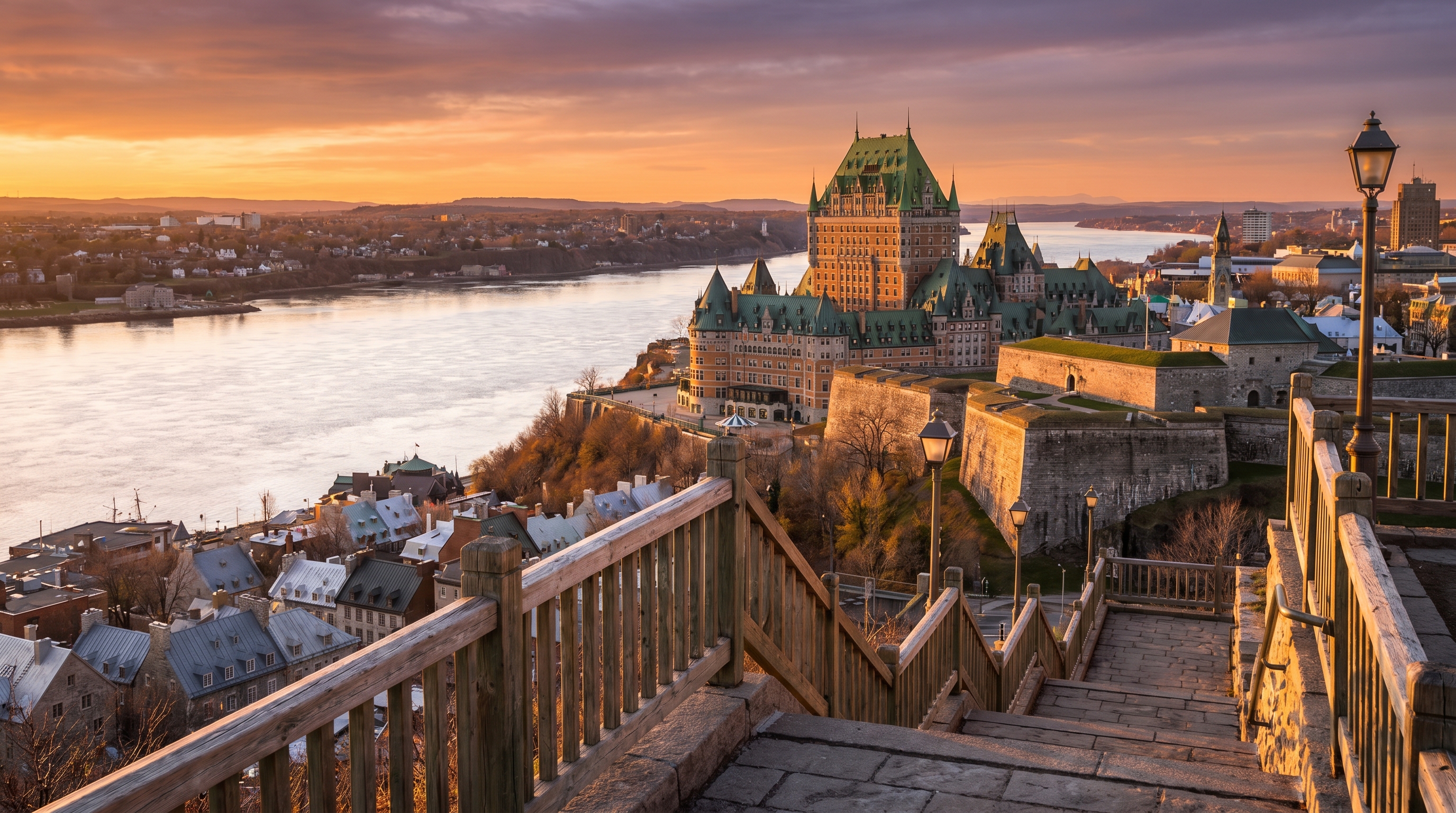 Levis waterfront at golden hour looking across the Saint Lawrence to Quebec City and Chateau Frontenac