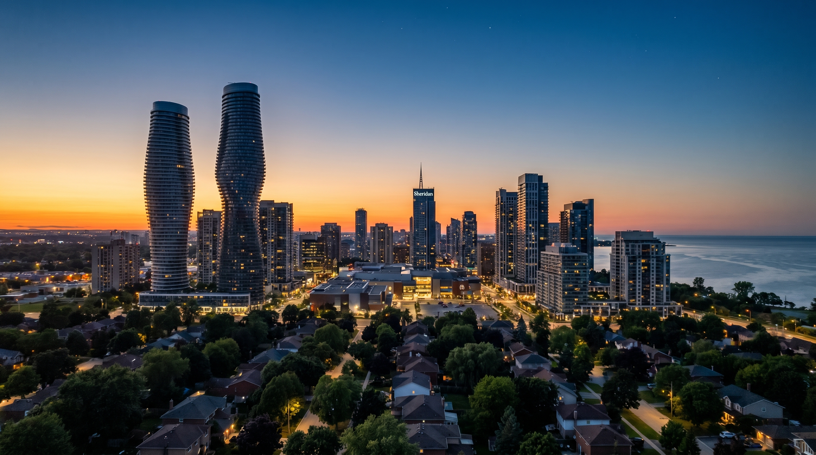 Mississauga skyline at dusk with the curving Absolute World towers and Lake Ontario in the distance