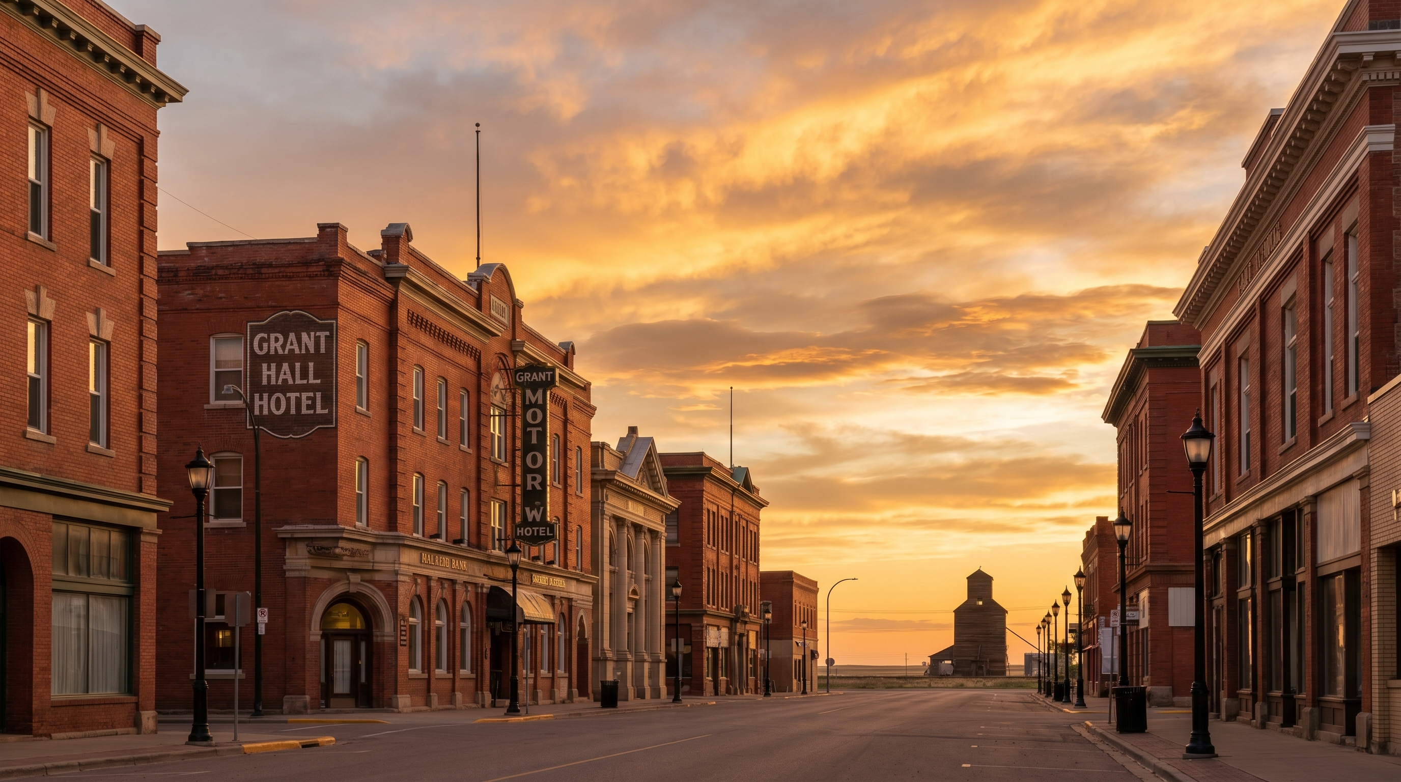 Moose Jaw Main Street at sunset with heritage brick buildings and wide prairie sky