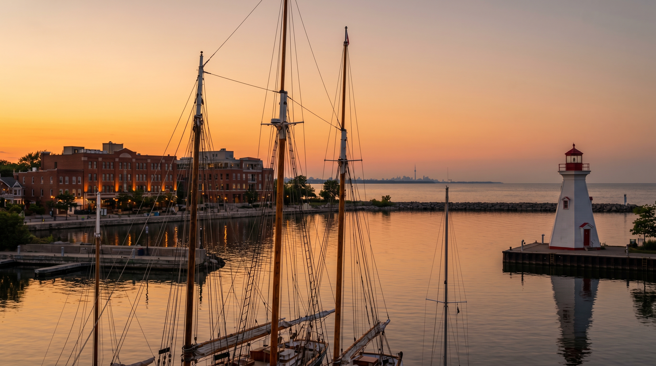 Oakville harbour at sunset with heritage lighthouse, sailboats, and Lake Ontario