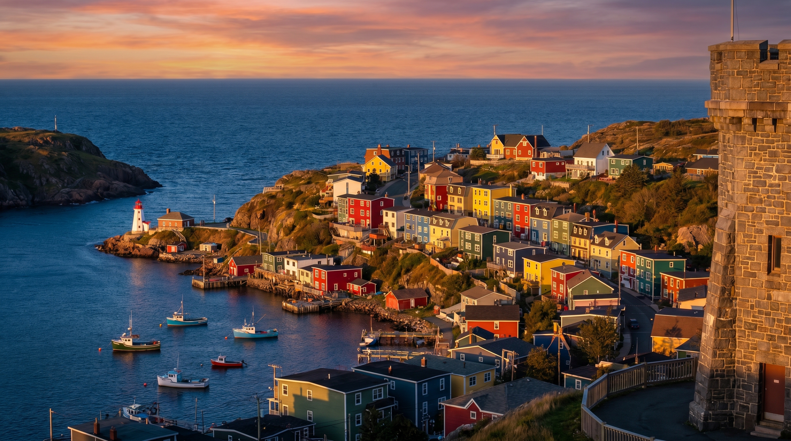 St. John's harbour at sunset with colourful Jellybean Row heritage houses and Signal Hill