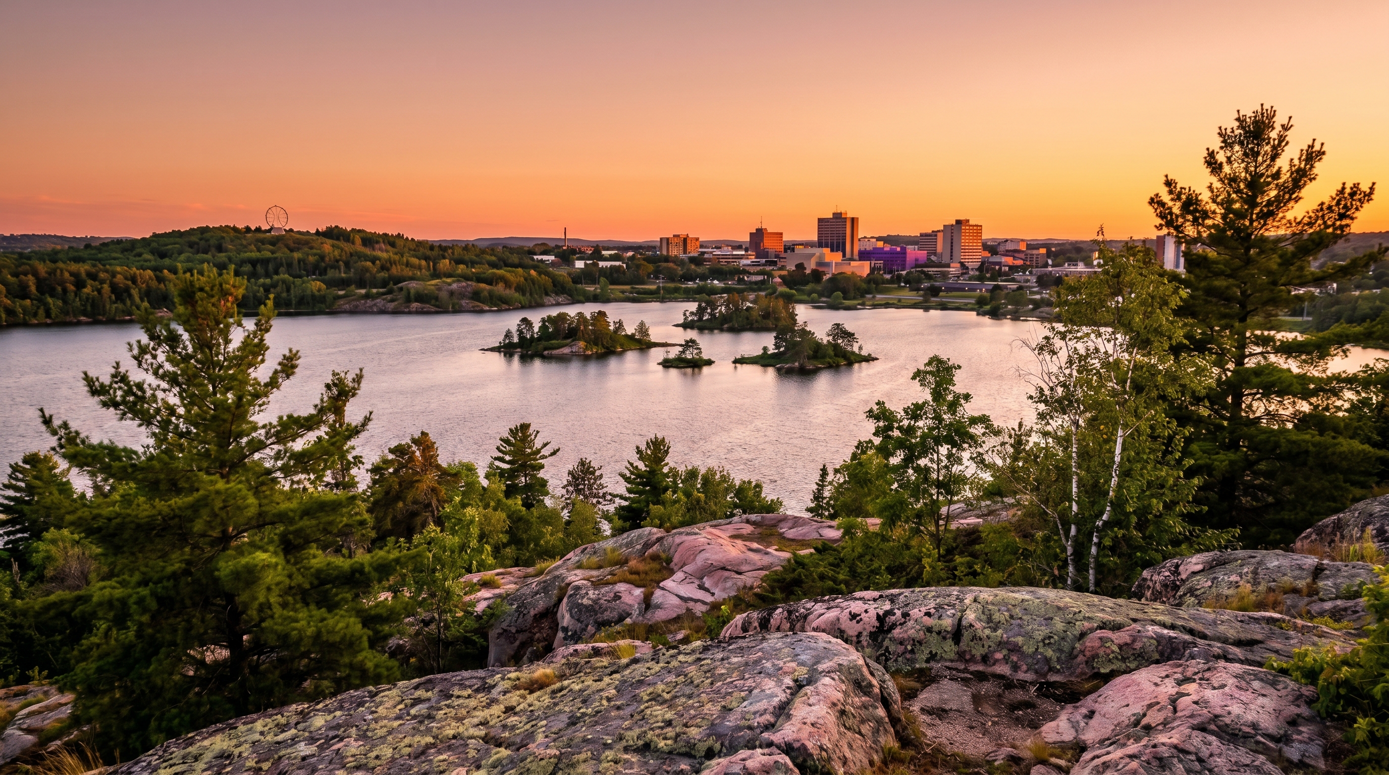 Sudbury at golden hour with Canadian Shield rock outcrops, Lake Ramsey, and the downtown skyline