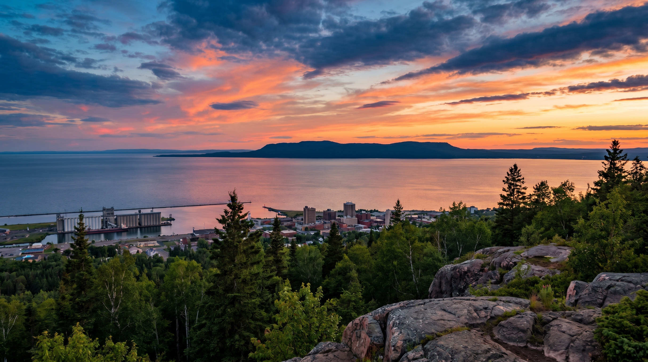 Thunder Bay waterfront at sunset with the Sleeping Giant peninsula silhouette across Lake Superior